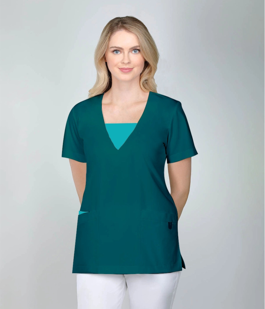 Bluza medyczna damska z zawieszką 1813 tkanina w kolorze  morskim OP K16 i wstawki w  kolorze  turkusowym ST K29