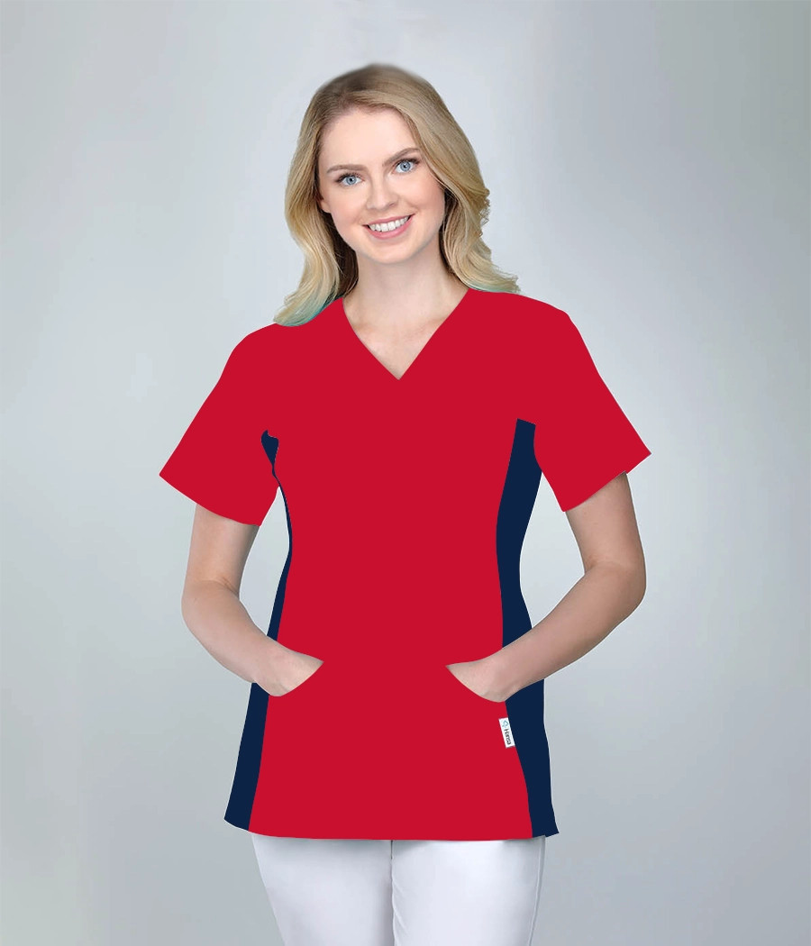 Bluza medyczna damska kangurek 1814 tkanina w kolorze  czerwonym OP K10 i wstawki w kolorze czarnym OP K23