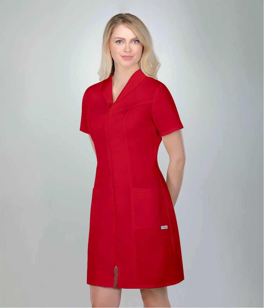 Fartuch medyczny damski szalowy ze szczypankami 0032 w kolorze czerwonym OP K10