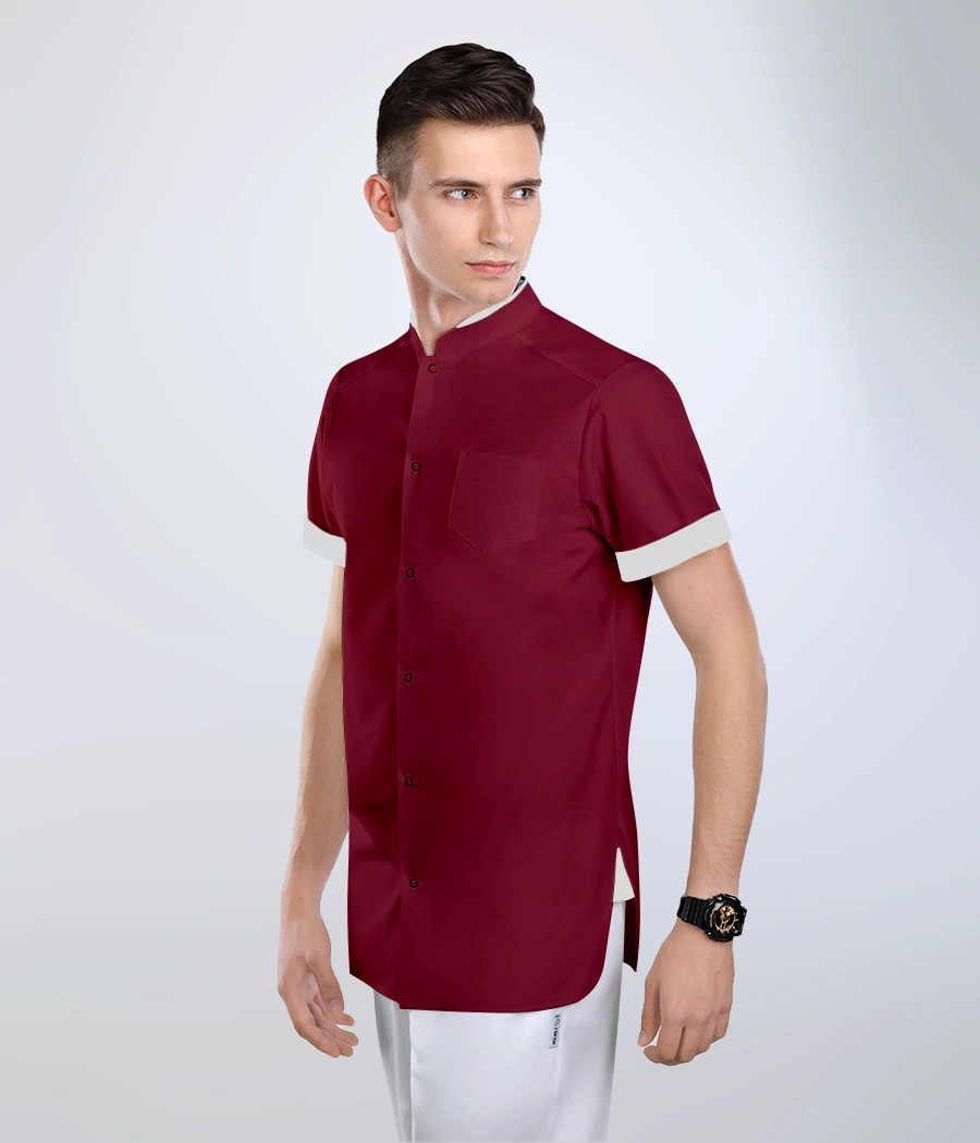 Koszula medyczna męska ze stójką 3018 kolor tkaniny bordowy OP K9
 i kolor wstawki biały OP K1