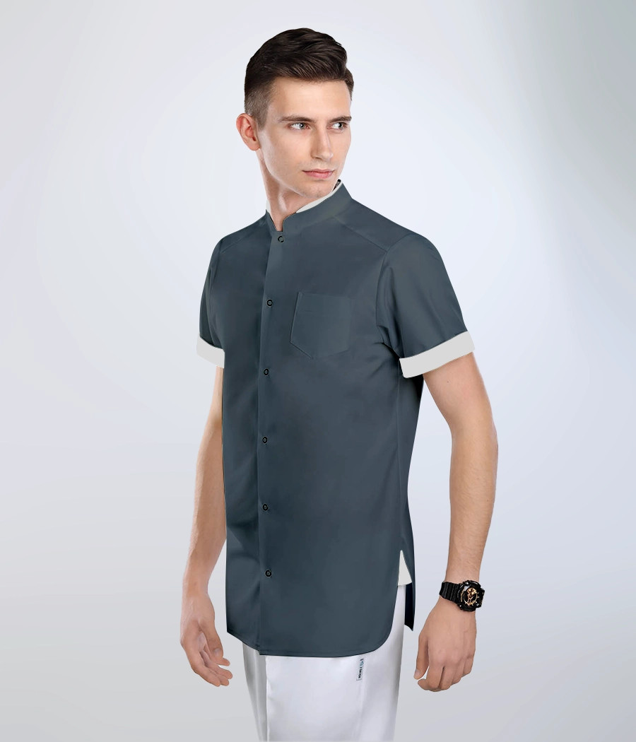 Koszula medyczna męska ze stójką 3018 kolor tkaniny grafitowy ST K35
 i kolor wstawki szary OP K2