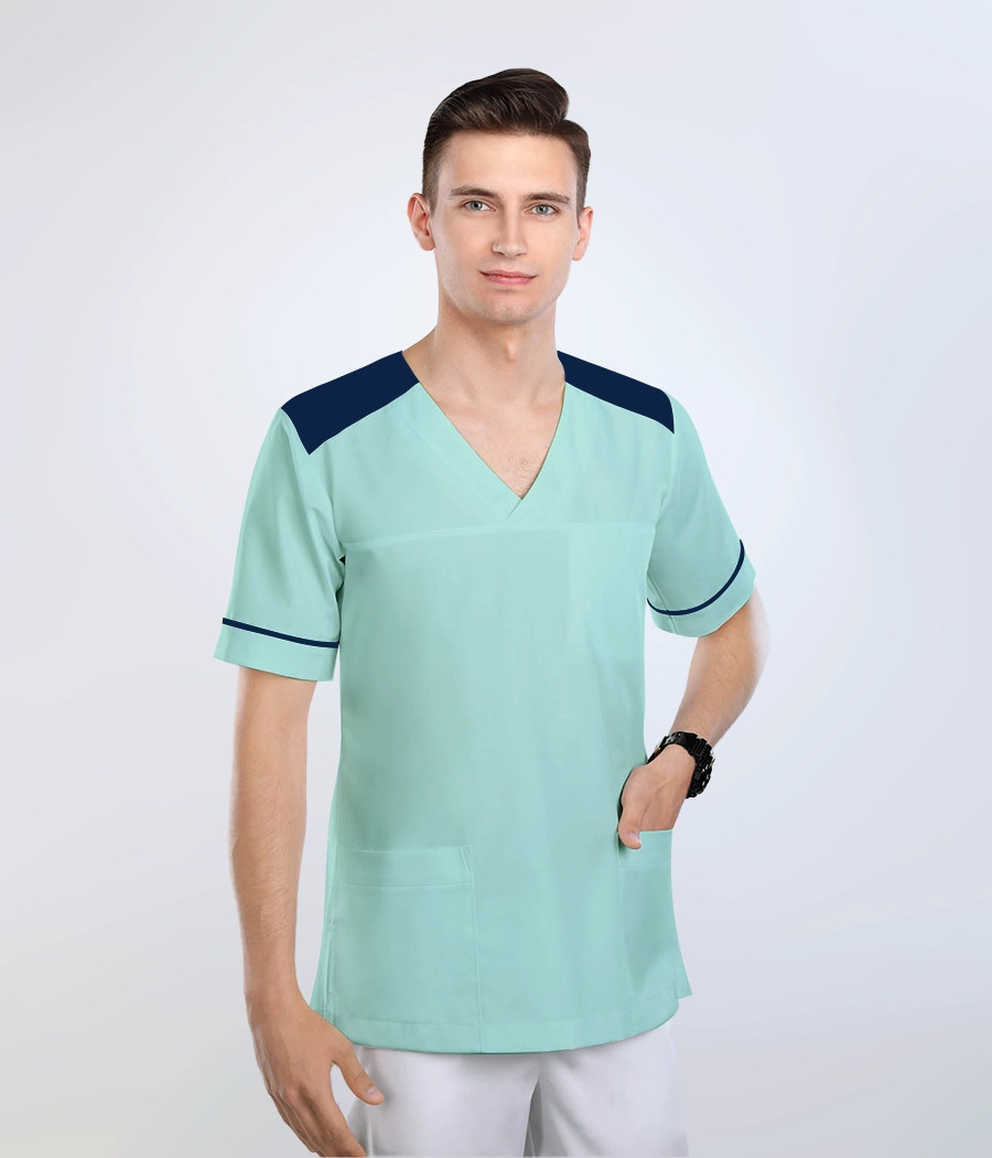 Bluza medyczna męska kontrastowe karczki 3017 kolor tkaniny seledynowy OP K5 i kolor wstawki	granatowy OP K14