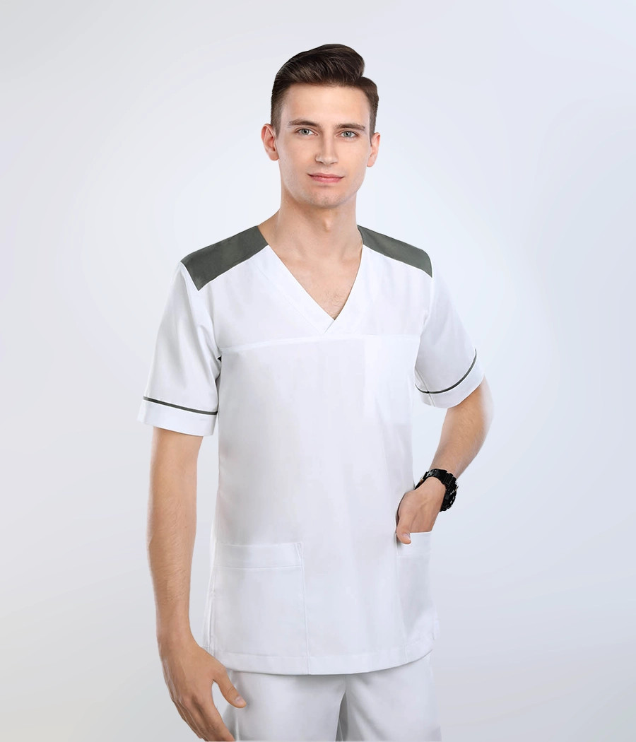Bluza medyczna męska kontrastowe karczki 3017 kolor tkaniny biały OP K1
 i kolor wstawki grafitowy ST K35