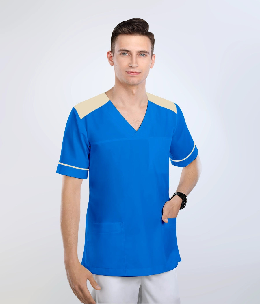 Bluza medyczna męska kontrastowe karczki 3017 kolor tkaniny kobaltowy ST K30 i kolor wstawki beżowy OP K19