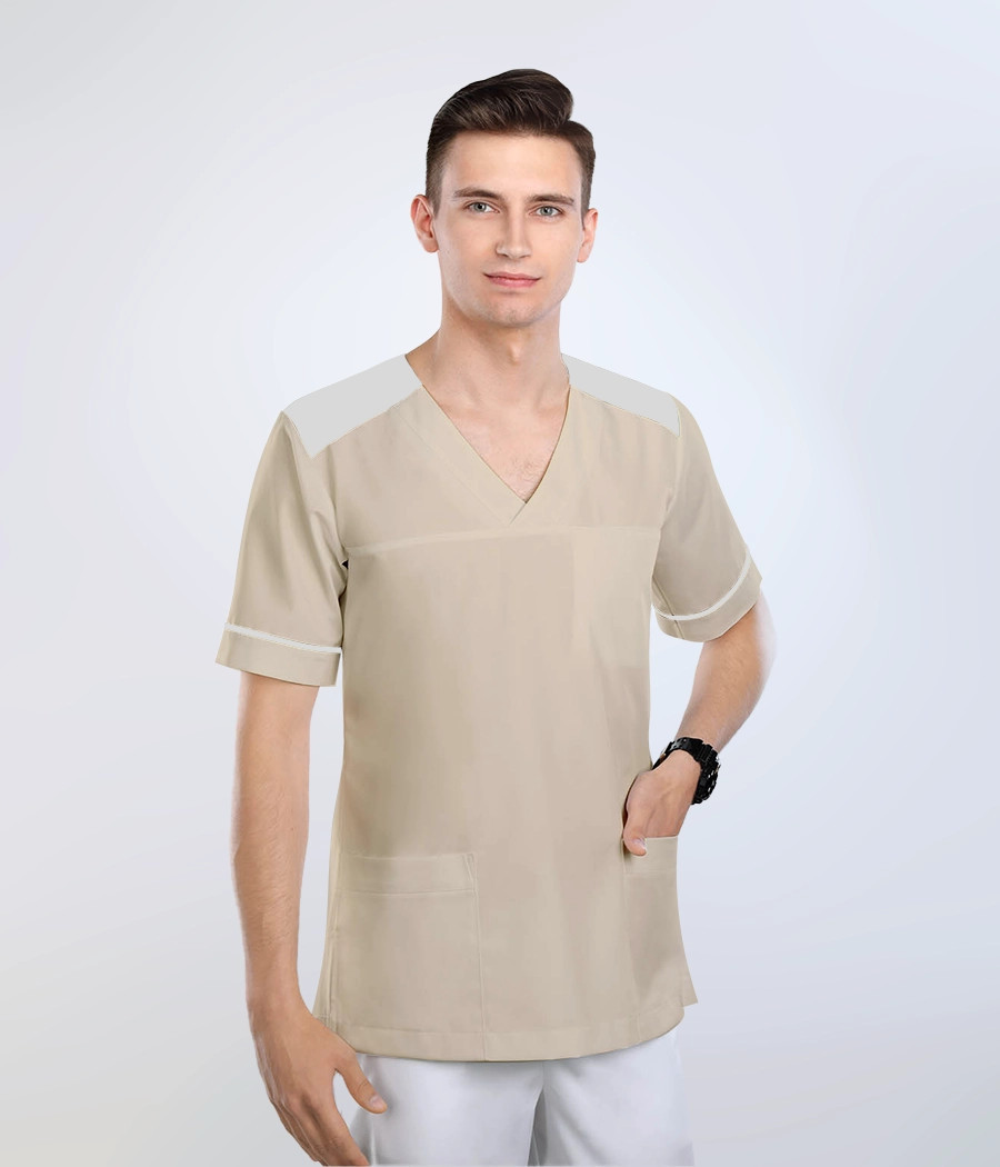 Bluza medyczna męska kontrastowe karczki 3017 kolor tkaniny beżowy OP K19 i kolor wstawki szary OP K2